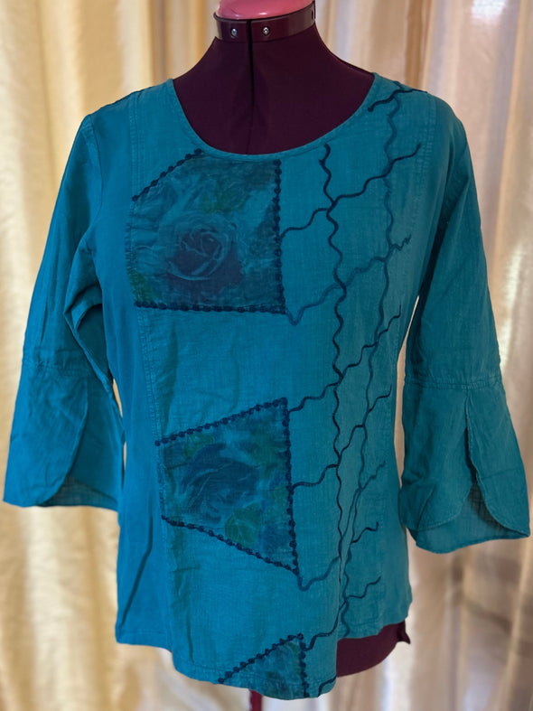 Ladies Long Bell Sleeve Top, Teal, Size Large,  New