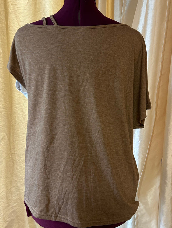 Ladies Short Sleeve Scoop Neck Pullover Top, Cross Over Bottom, Tan/White, Polyester/Viscose, Size Large, New