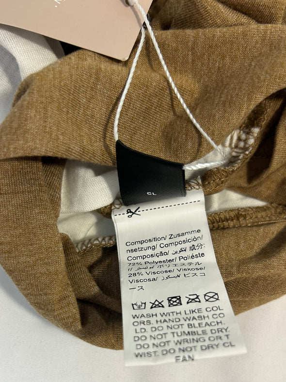 Ladies Short Sleeve Scoop Neck Pullover Top, Cross Over Bottom, Tan/White, Polyester/Viscose, Size Large, New