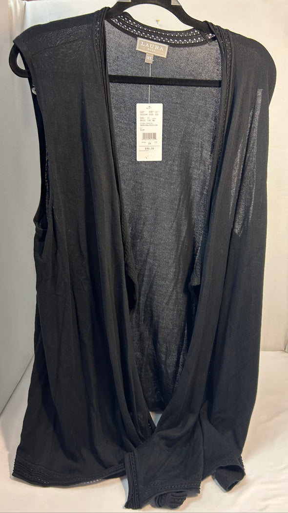 Ladies Cotton/Viscose Vest, Open Front, Black, 2X