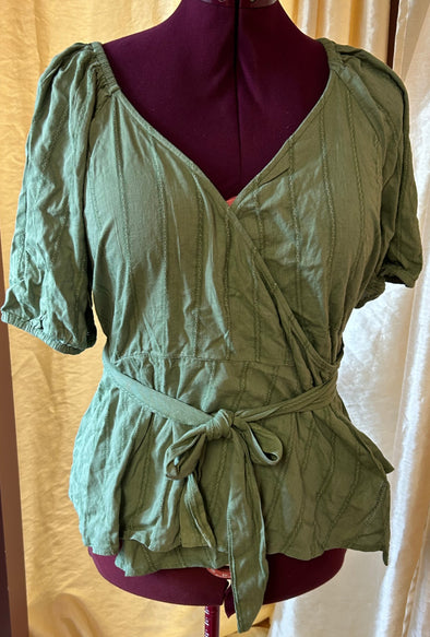 Puff Sleeve V-Neck Wrap Blouse. Green, Size Large