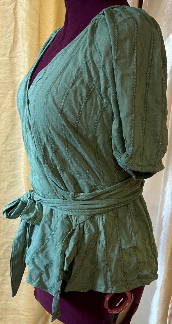 Puff Sleeve V-Neck Wrap Blouse. Green, Size Large