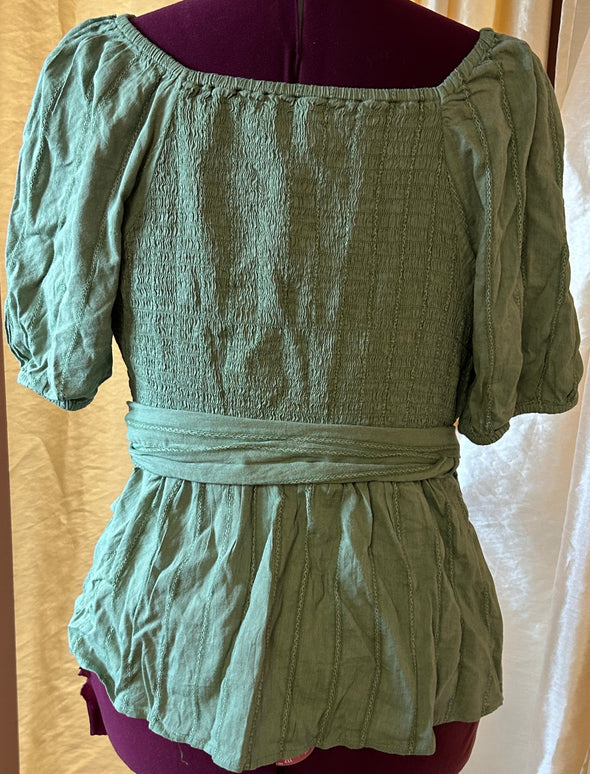 Puff Sleeve V-Neck Wrap Blouse. Green, Size Large
