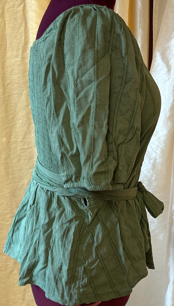 Puff Sleeve V-Neck Wrap Blouse. Green, Size Large