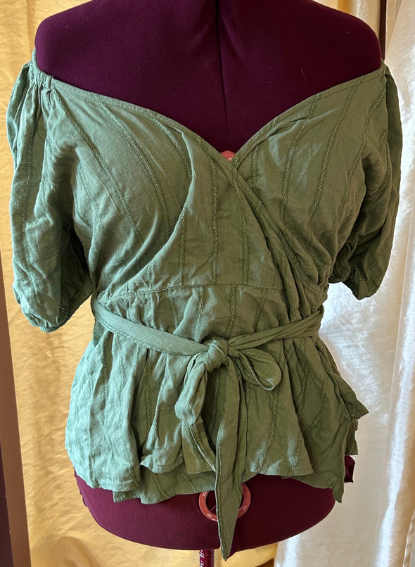 Puff Sleeve V-Neck Wrap Blouse. Green, Size Large