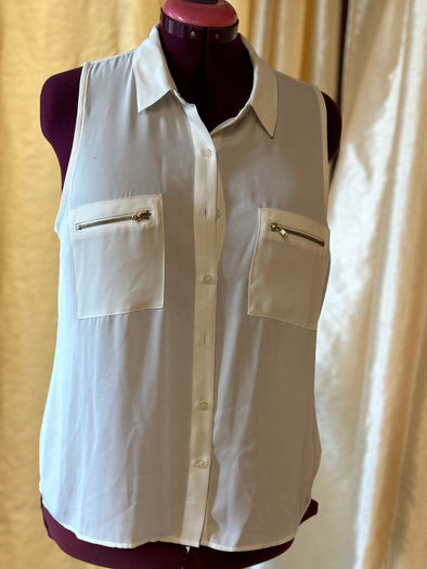 Sleeveless Blouse, Collar, Button Front, White, Large, Polyester