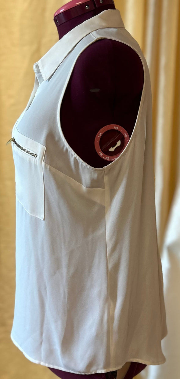 Sleeveless Blouse, Collar, Button Front, White, Large, Polyester