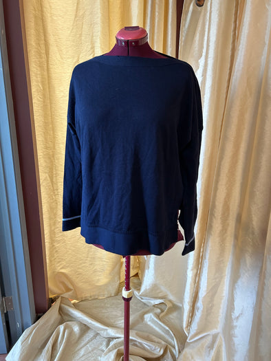 Boat Neck Long Sleeve Drop Shoulder Pullover, Navy, Size 14