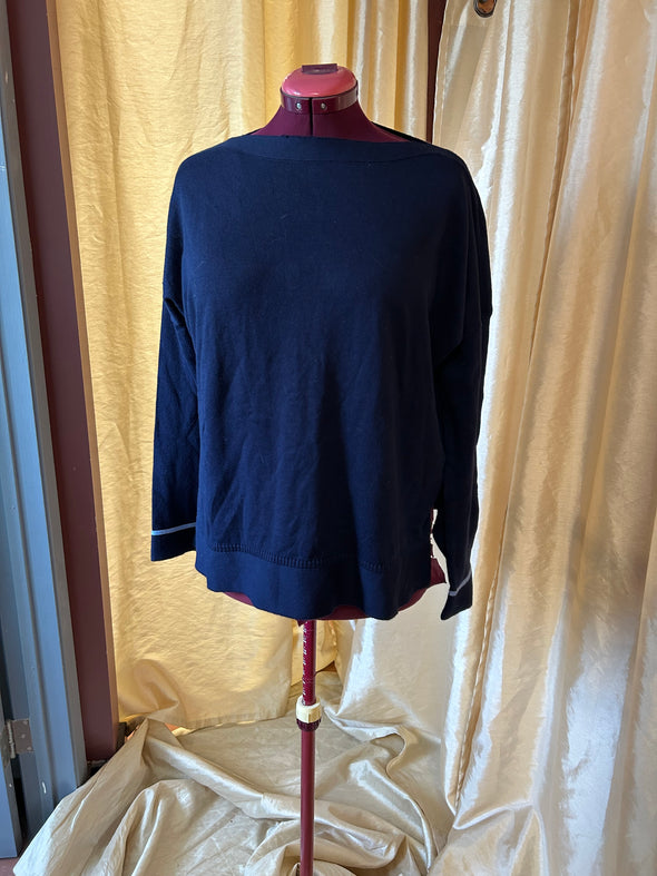 Boat Neck Long Sleeve Drop Shoulder Pullover, Navy, Size 14