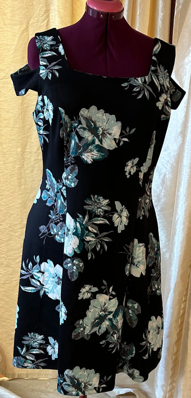 Ladies Cold Shoulder Dress, Black Floral Print, Size 12