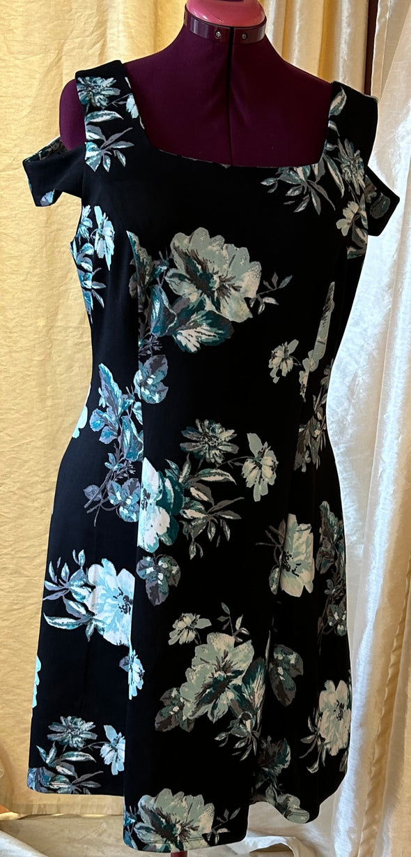 Ladies Cold Shoulder Dress, Black Floral Print, Size 12