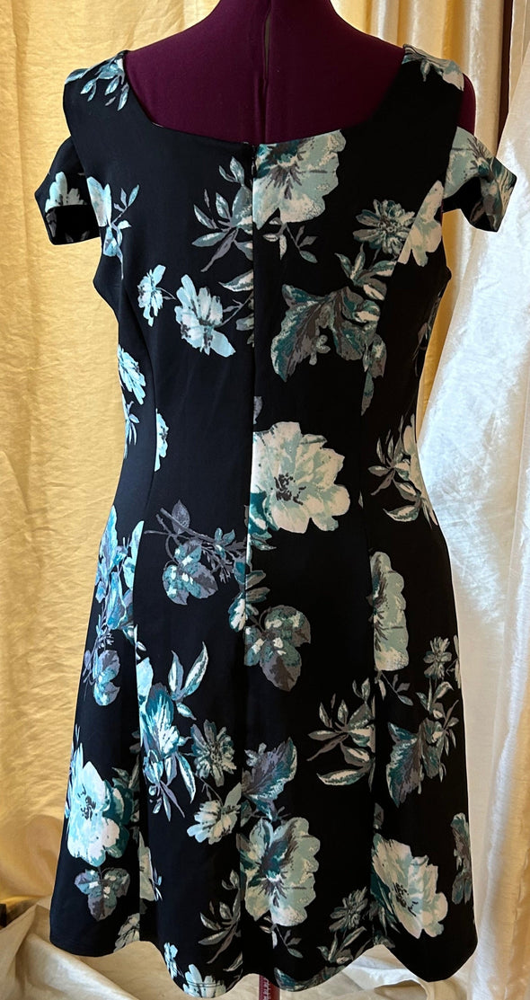 Ladies Cold Shoulder Dress, Black Floral Print, Size 12