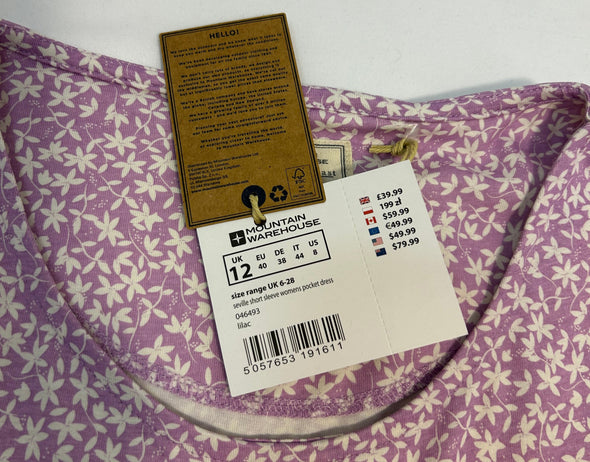 Ladies Short Sleeve Dress, Pockets, Lilac, Size 8, NEW