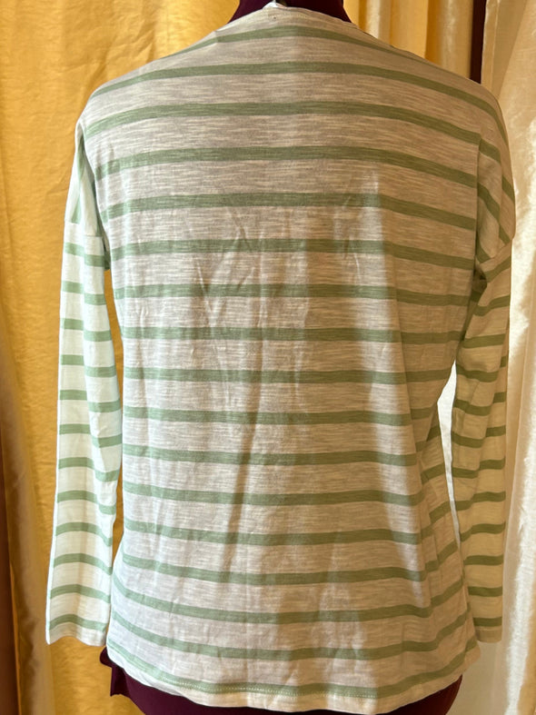 Long Sleeve Drop Shoulder Top, Grey/White, Medium, Fits Large