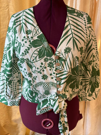 Ladies Floral Top, Medium, Button Front with Tie.