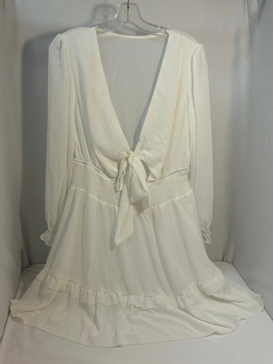 Long Sleeve V-Neck White Dress, Tie Waist, Medim,
