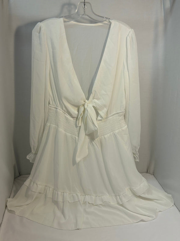 Long Sleeve V-Neck White Dress, Tie Waist, Medim,