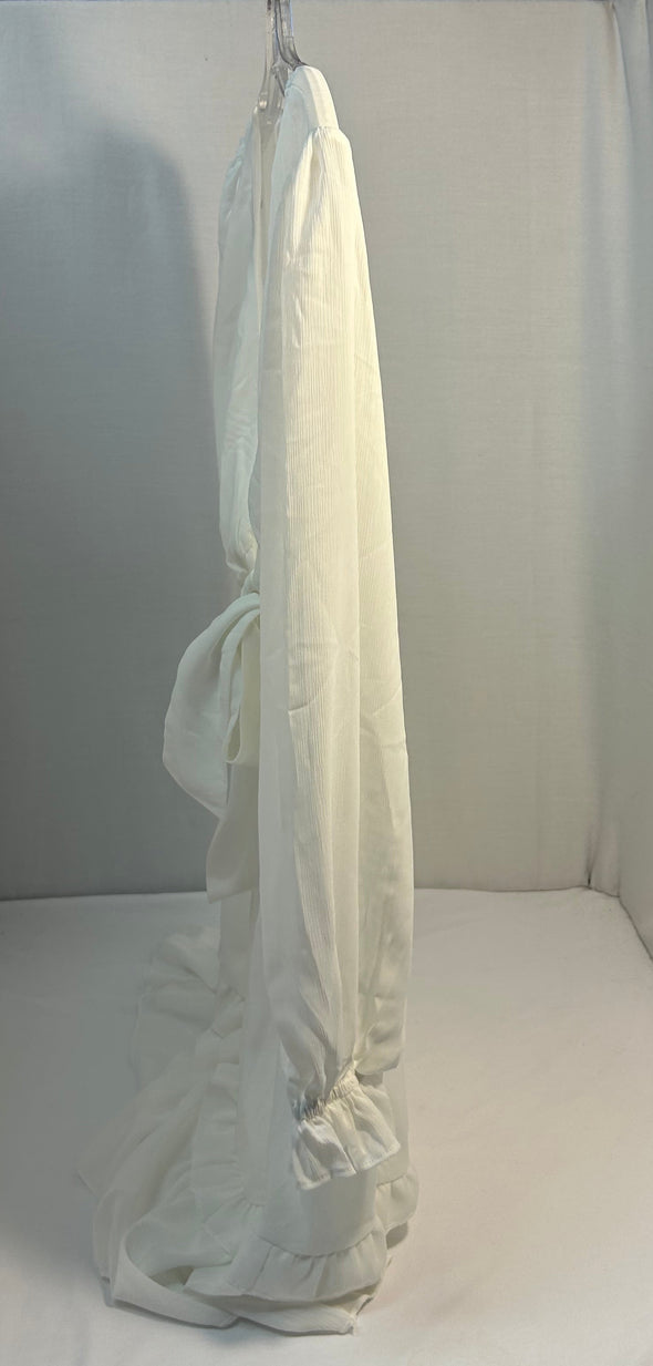 Long Sleeve V-Neck White Dress, Tie Waist, Medim,