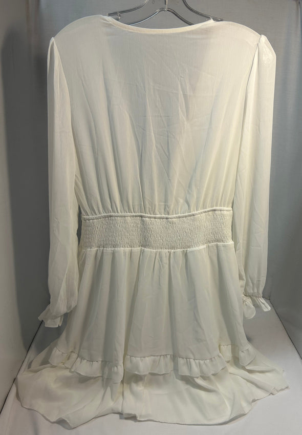 Long Sleeve V-Neck White Dress, Tie Waist, Medim,