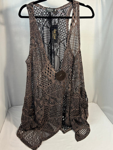 V-Neck Lace Vest, One Size, Brown, 100% Polyester