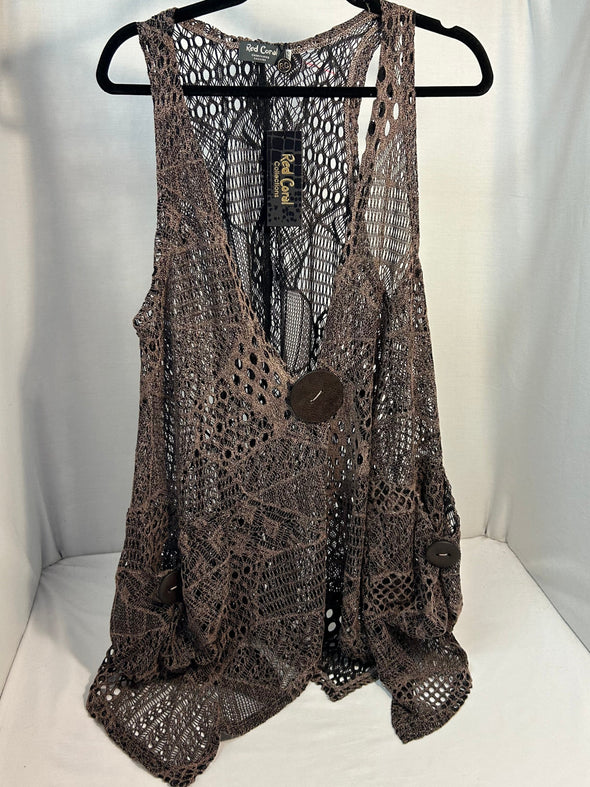 V-Neck Lace Vest, One Size, Brown, 100% Polyester