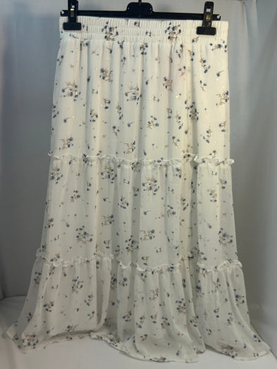 Midi Skirt, Elastic Waist, 3 Tiered Ruffle Floral Print, Medium