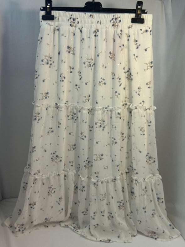 Midi Skirt, Elastic Waist, 3 Tiered Ruffle Floral Print, Medium