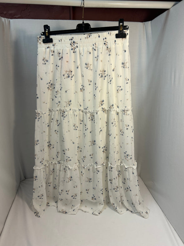 Midi Skirt, Elastic Waist, 3 Tiered Ruffle Floral Print, Medium