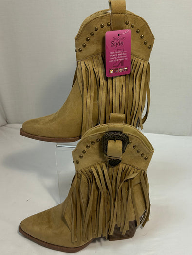 Ladies Mid-Calf Western Style Boots, Taupe, Size 7, 2" Heel