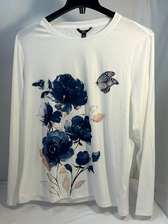 Ladies Long Sleeve Tunic Top, White/Floral, 2X, NEW