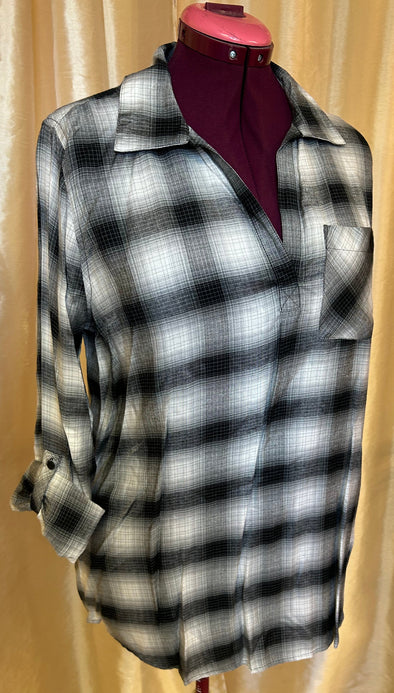 Long Sleeve V-Neck Blouse, Collar, Grey Plaid, Large,