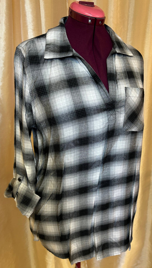 Long Sleeve V-Neck Blouse, Collar, Grey Plaid, Large,