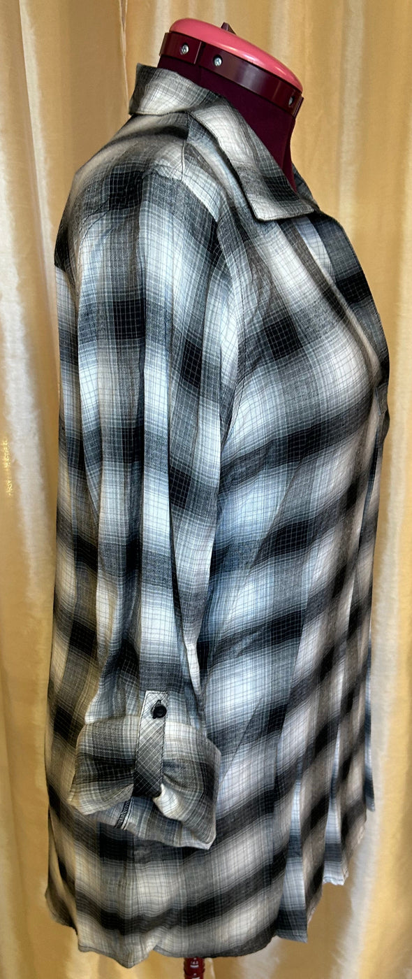 Long Sleeve V-Neck Blouse, Collar, Grey Plaid, Large,