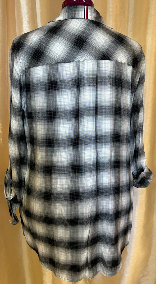Long Sleeve V-Neck Blouse, Collar, Grey Plaid, Large,