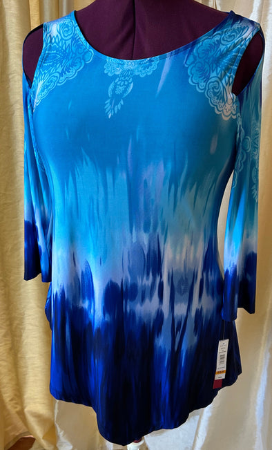 Long Sleeve Tunic Shirt, Blue, Petite Small, Poly/Spandex, NEW
