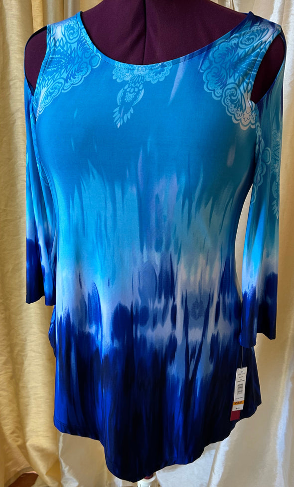 Long Sleeve Tunic Shirt, Blue, Petite Small, Poly/Spandex, NEW