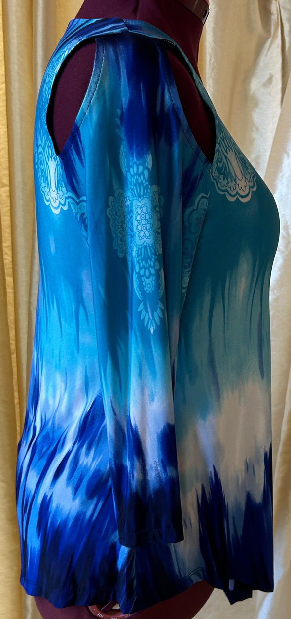 Long Sleeve Tunic Shirt, Blue, Petite Small, Poly/Spandex, NEW