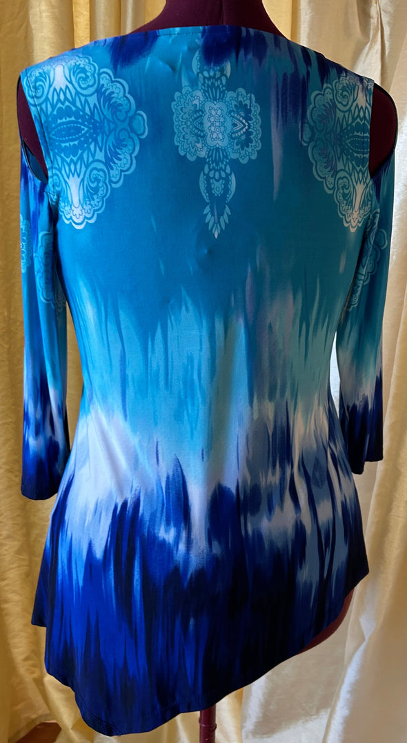 Long Sleeve Tunic Shirt, Blue, Petite Small, Poly/Spandex, NEW