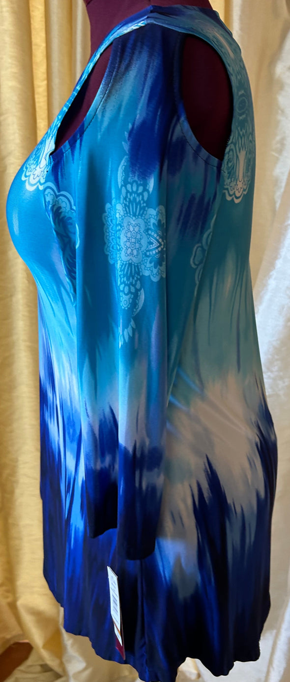 Long Sleeve Tunic Shirt, Blue, Petite Small, Poly/Spandex, NEW