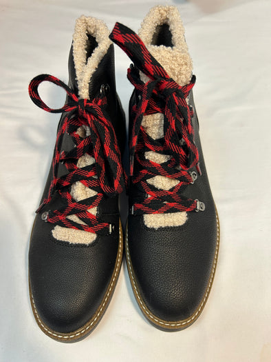 Ankle Lace Up Bootie, Hiking, With Faux Fur, Black, Size 8