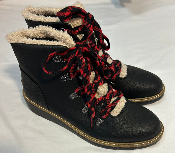 Ankle Lace Up Bootie, Hiking, With Faux Fur, Black, Size 8