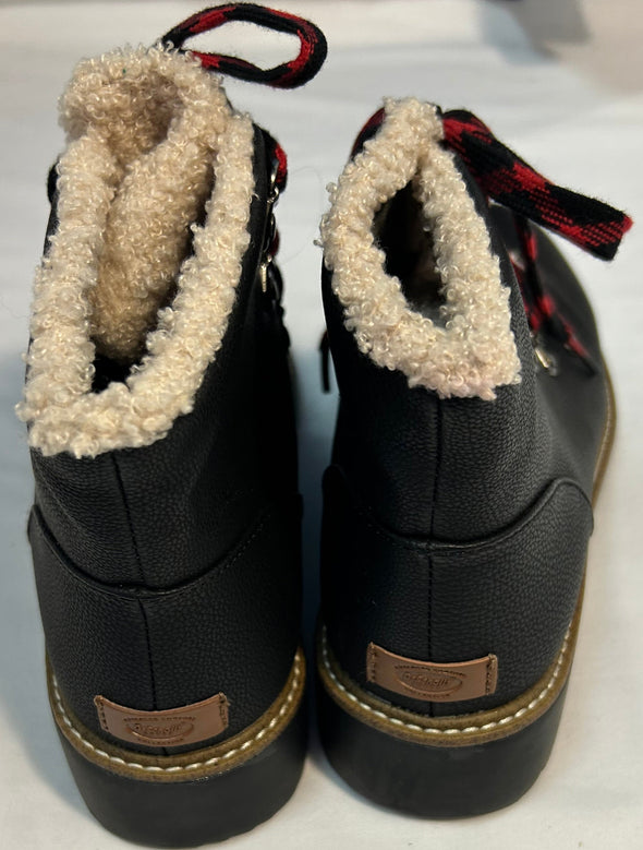 Ankle Lace Up Bootie, Hiking, With Faux Fur, Black, Size 8