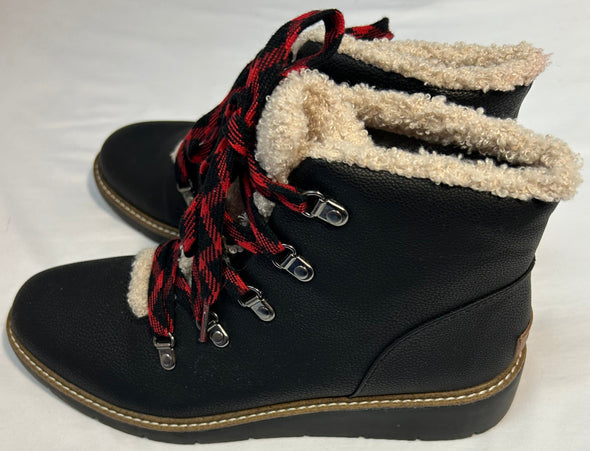 Ankle Lace Up Bootie, Hiking, With Faux Fur, Black, Size 8