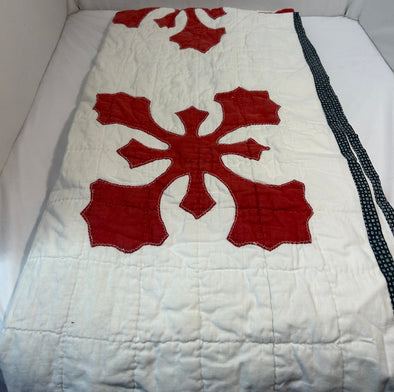 Handmade Quilt, Red/White, Small Stains, 57" x 82"