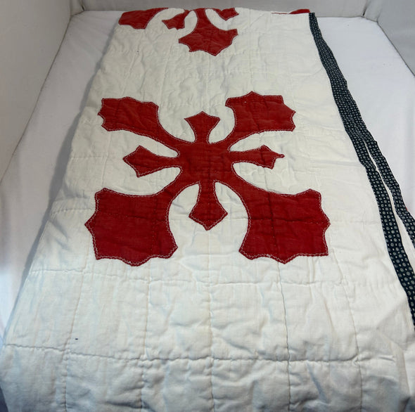 Handmade Quilt, Red/White, Small Stains, 57" x 82"