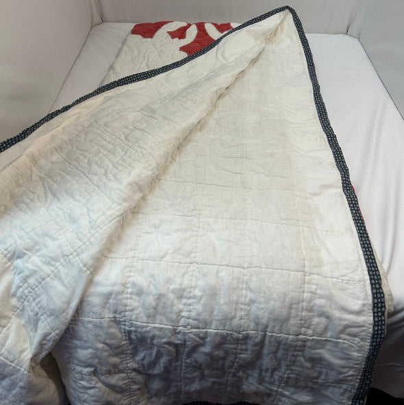 Handmade Quilt, Red/White, Small Stains, 57" x 82"