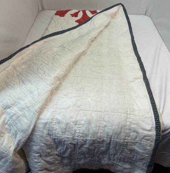 Handmade Quilt, Red/White, Small Stains, 57" x 82"