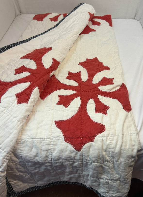 Handmade Quilt, Red/White, Small Stains, 57" x 82"