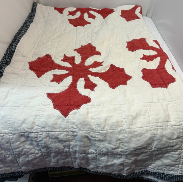 Handmade Quilt, Red/White, Small Stains, 57" x 82"