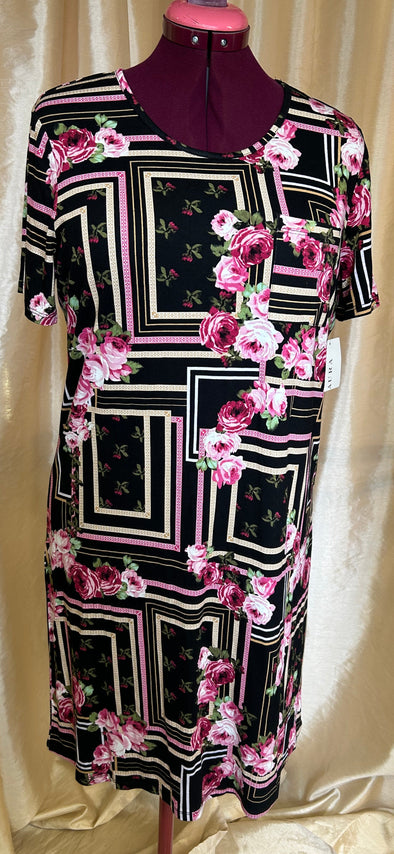 Ladies Short Sleeve Floral Dress, Black/Pink, Size Large